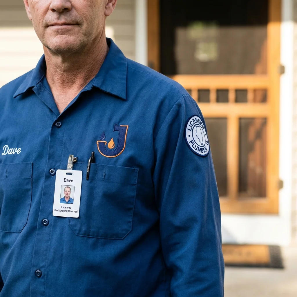 Licensed plumber showing ID badge in Midlothian, IL