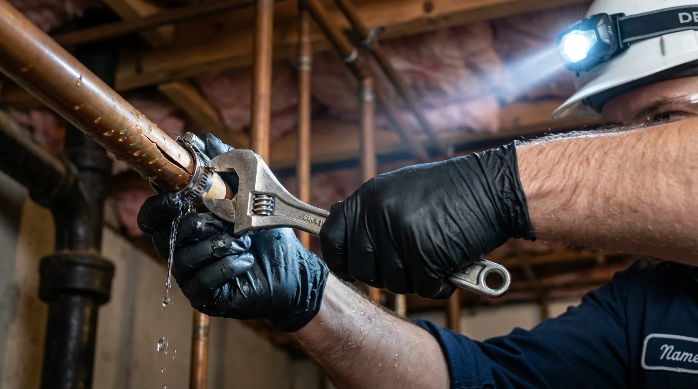 Emergency pipe clamp repair being performed by a Johns Plumbing LLC plumber in Midlothian