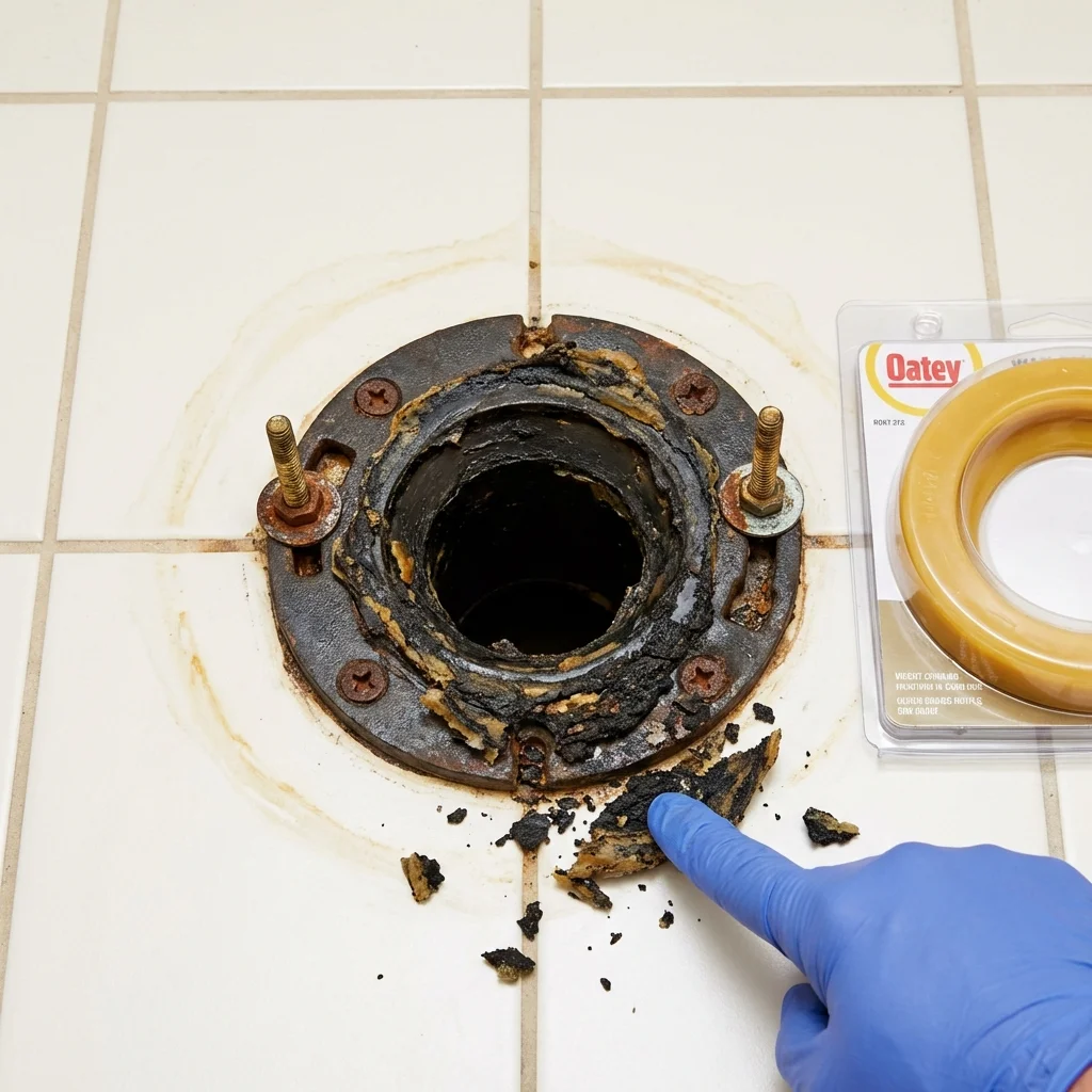 Failed wax ring showing water seepage at the base of a toilet in a Midlothian, IL home